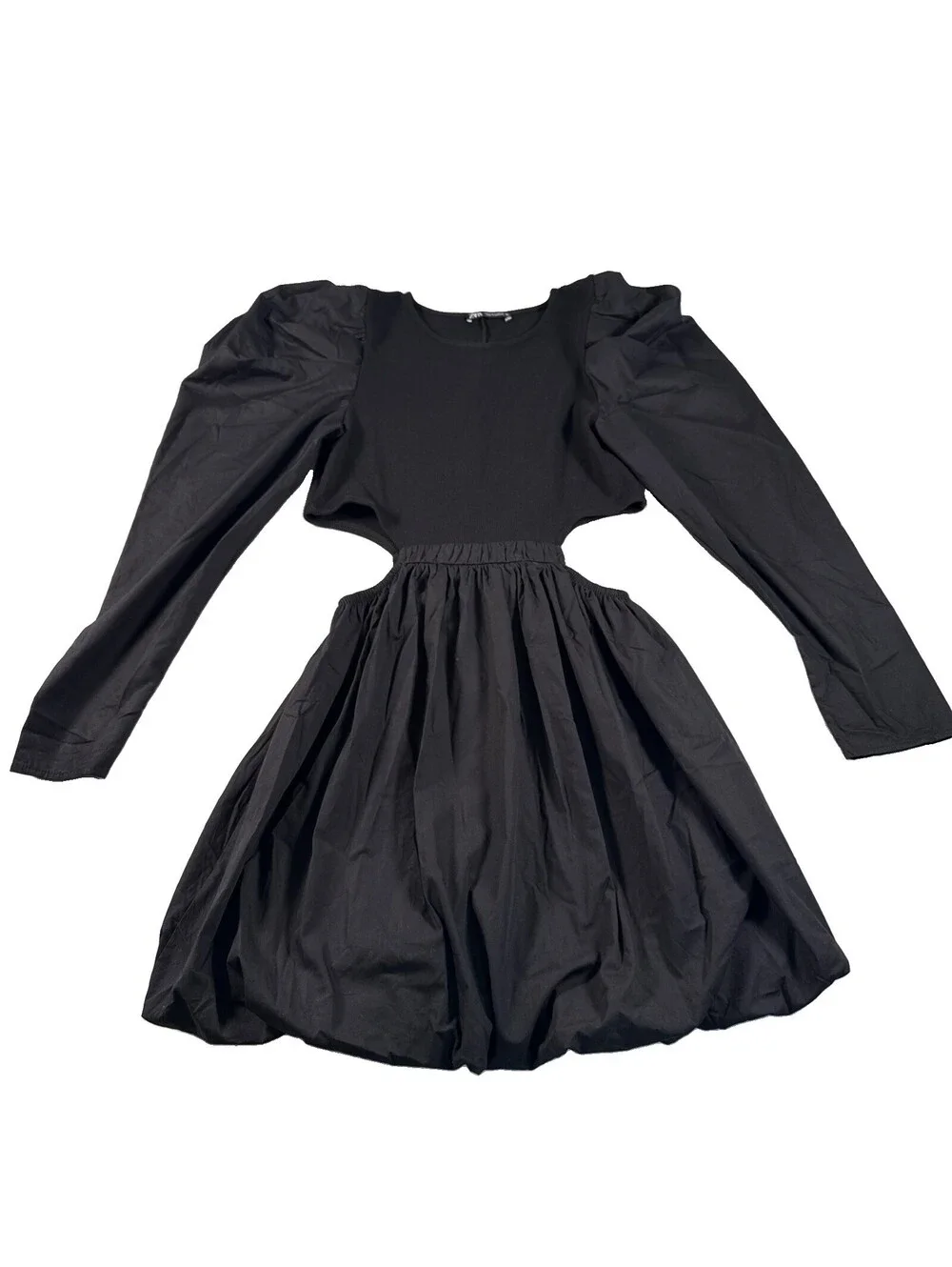 Zara Black Mini Dress Bubble Hem Puff Balloon Sleeves, Cut Out Sides Size Large
